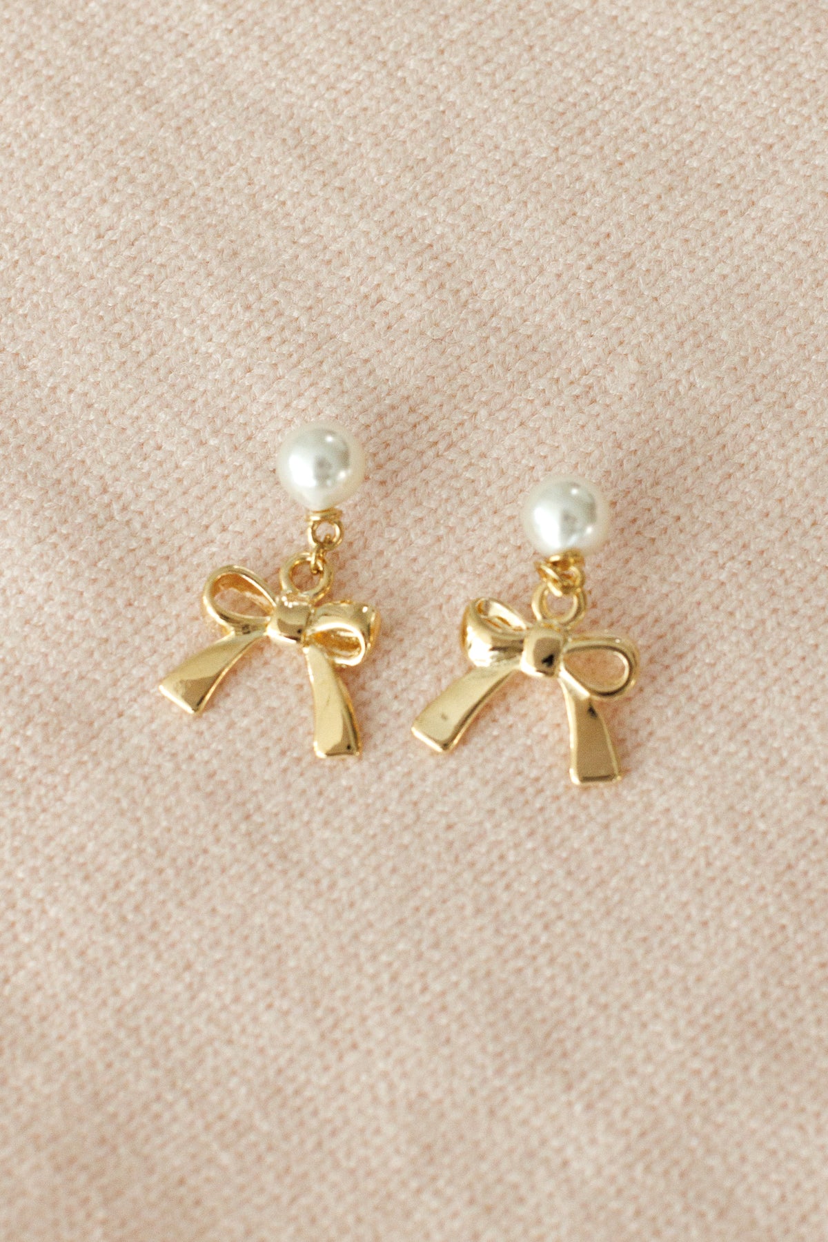 gold bow pearl stud earrings dangling fashion accessory jewelry stainless steel hypoallergenic water resistant tarnish free