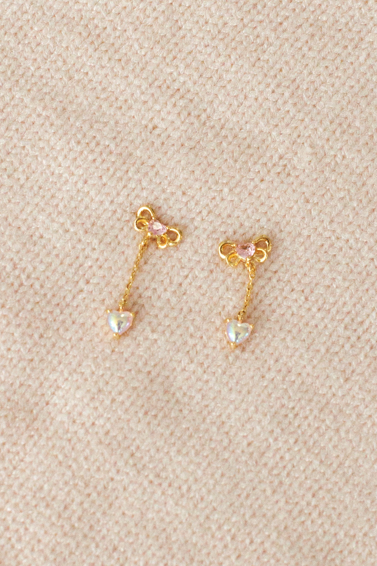 gold pink bow zircon heart chain earrings dangling fashion accessory jewelry stainless steel hypoallergenic water resistant tarnish free