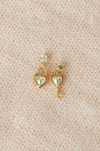 gold heart lock and key zircon earrings dangling fashion accessory jewelry stainless steel hypoallergenic water resistant tarnish free
