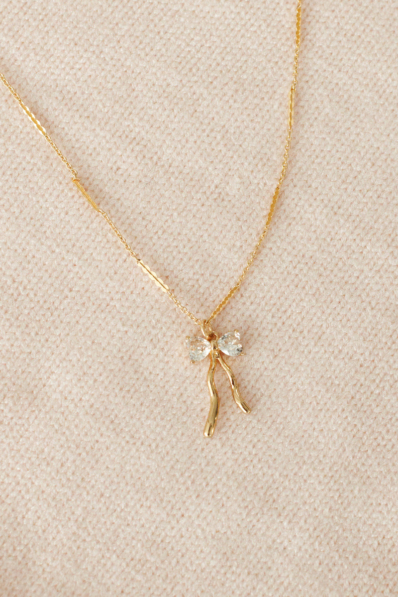 gold zircon bow necklace chain minimalist fashion accessory jewelry stainless steel hypoallergenic water resistant tarnish free