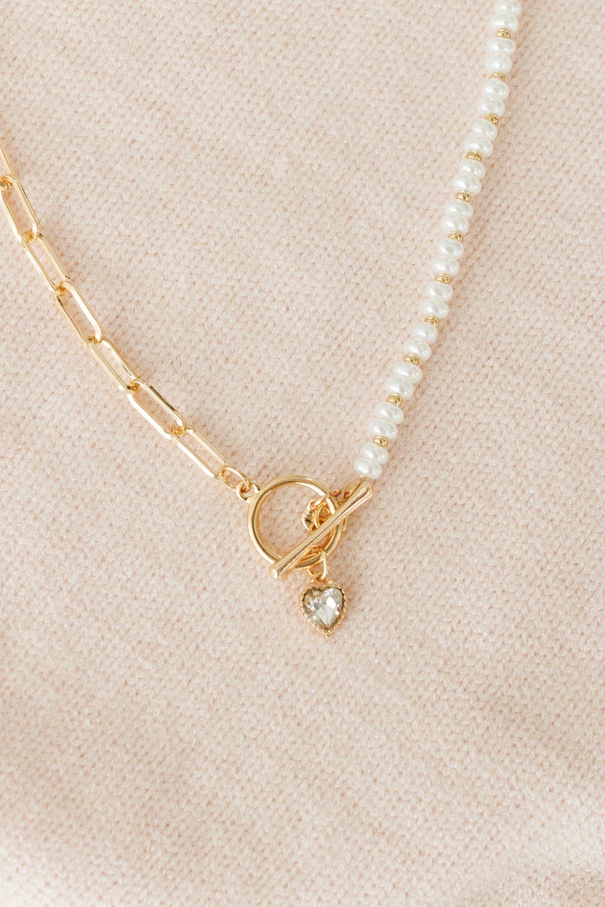 gold beads pearl chain necklace toggle lock heart zircon pendant minimalist fashion accessory jewelry stainless steel hypoallergenic water resistant tarnish free