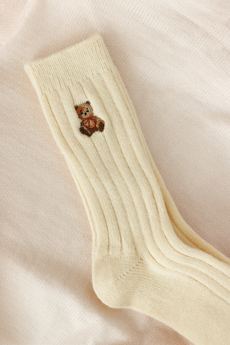 cream high socks embroidered brown bear one size