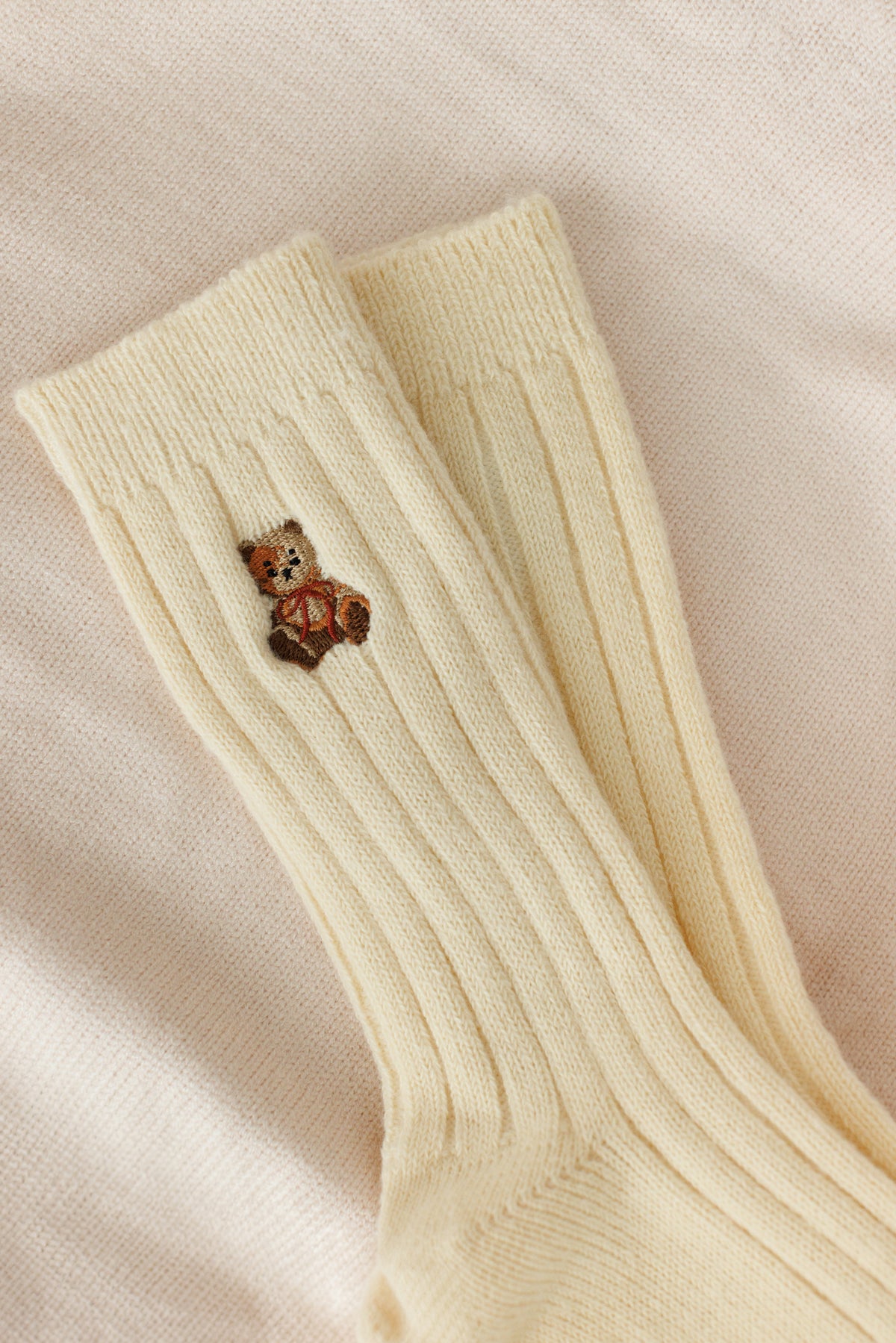 cream high socks embroidered brown bear one size