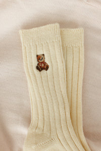 cream high socks embroidered brown bear one size