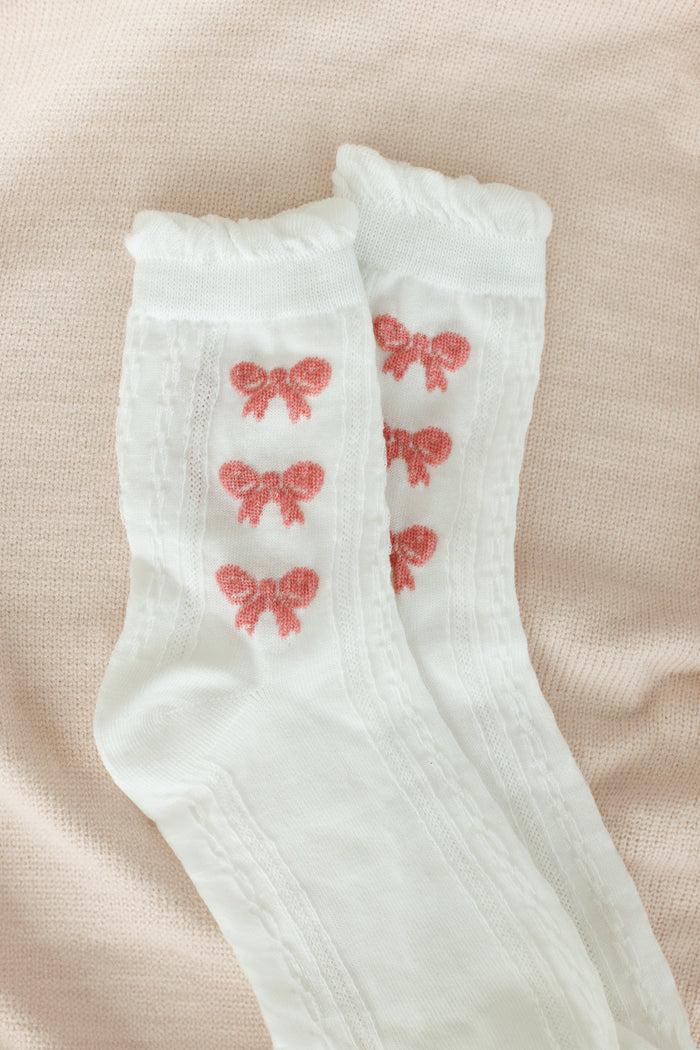 white high socks embroidered pink bows one size