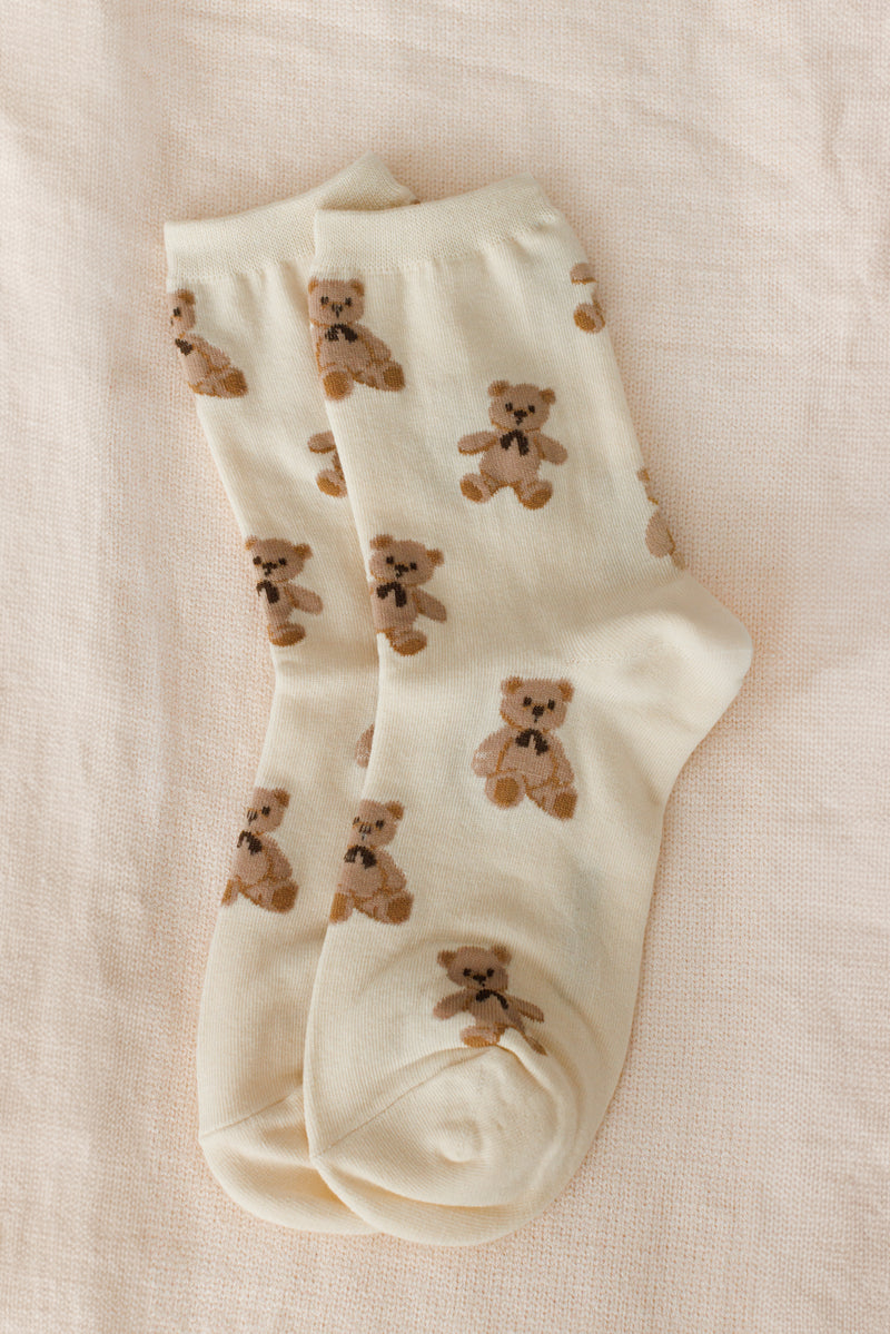 cream high socks all brown bear design one size