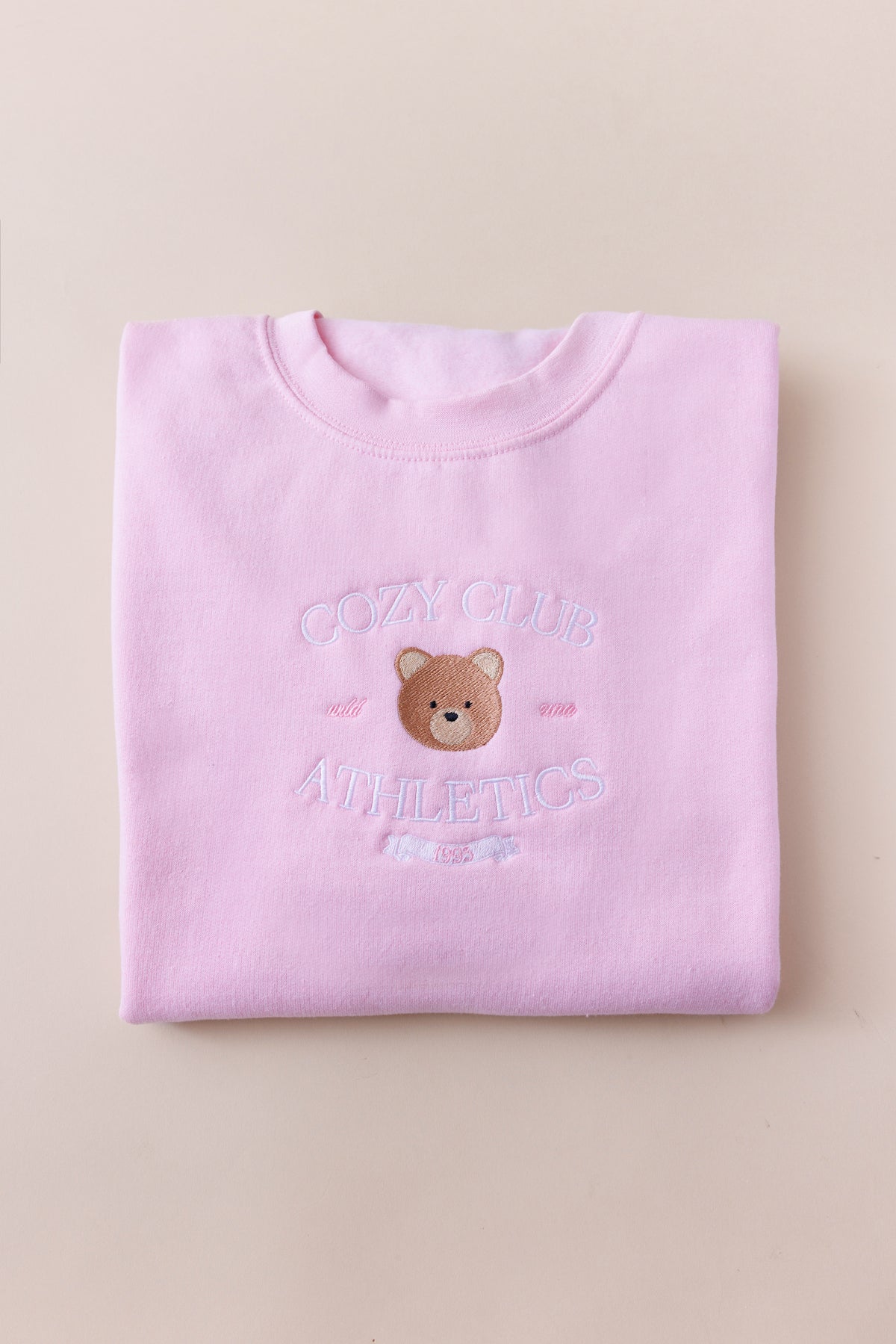 pink blush cotton embroidered bear design sweatshirt long sleeve pullover athletic crewneck sweatshirt fleece lining unisex sizing oversized