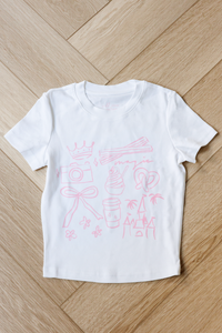 white cotton semi-cropped baby tee round neck pink graphic design with snacks princess-themed doodles casual everyday fashion disney style