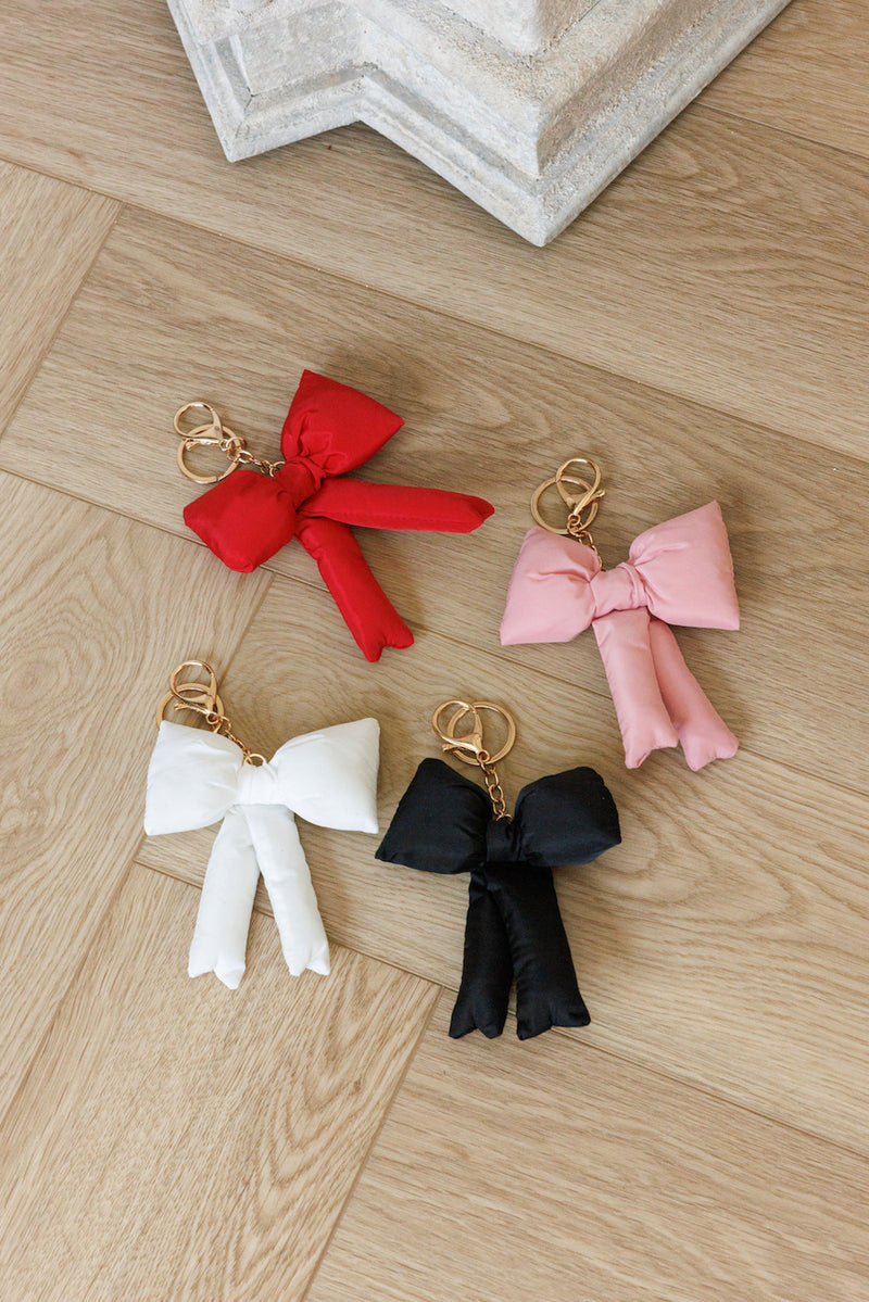 puff bow keychains satin padded glossy finish black white pink red gold tone keyring fashion accessory for bags and keys