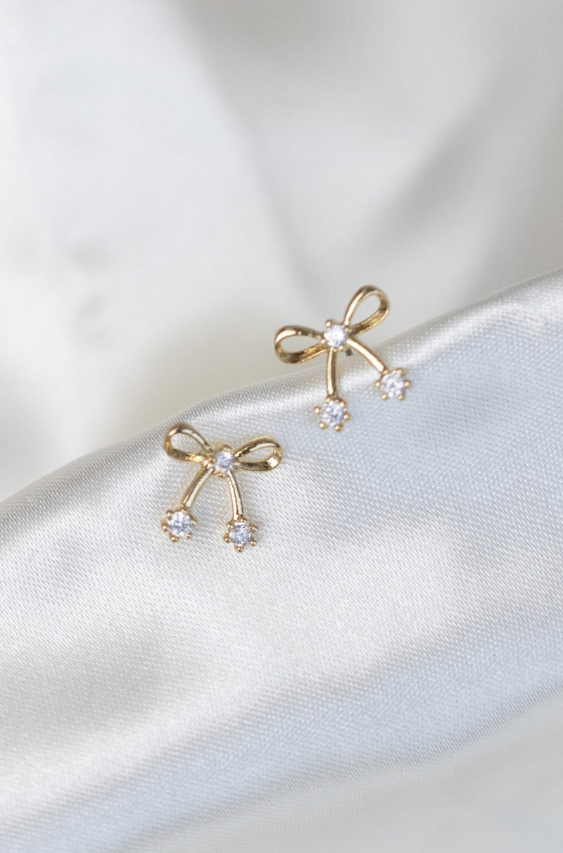 gold bow rhinestone stud earrings fashion accessory jewelry stainless steel hypoallergenic water resistant tarnish free