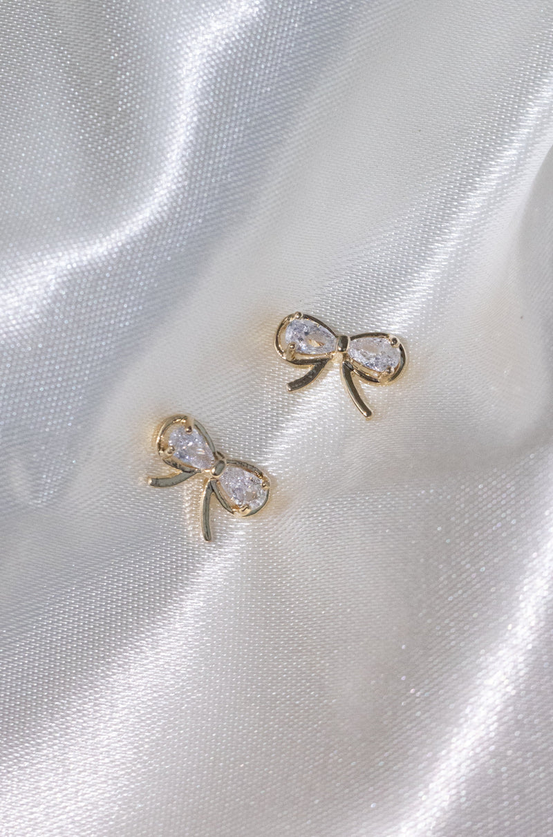 gold bow stud earrings rhinestone fashion accessory jewelry stainless steel hypoallergenic water resistant tarnish free