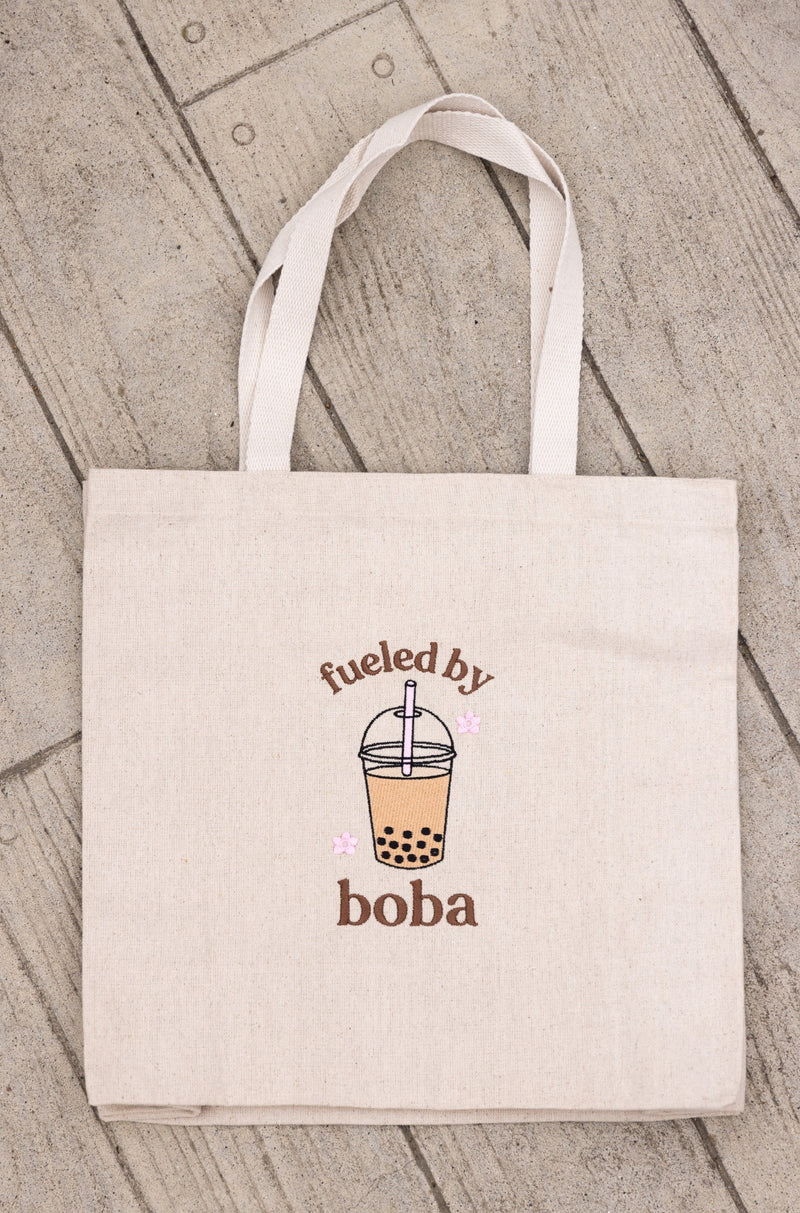 canvas tote bag fueled by boba bubble tea milk tea cute girly 