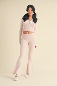 pink jacket knit sweater loungewear activewear workout clothes 2 way zipper closure fitted fit cropped top ribbed hems waistband yoga bootcut flare pants tracksuit high waist