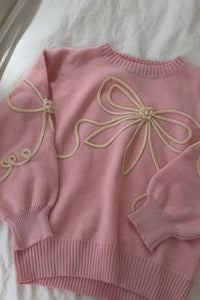 pink pullover knit sweater big bow long sleeve comfy ribbed crew neckline