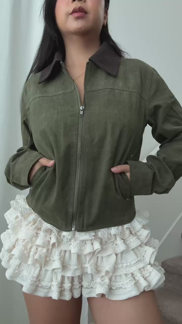 olive green cotton zip up jacket long sleeve collared top corduroy casual outerwear for fall street style women