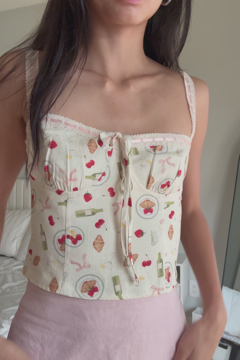 cami crop top bustier corset pink bow lace watercolor print design