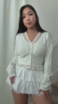 cream cropped knit cardigan v neck floral lace sweater cute layering top for everyday girly style fashion