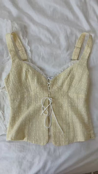 butter yellow plaid corset style sleeveless top with lace trim adjustable straps and side zipper womens fashion for summer streetwear and vacation outfits