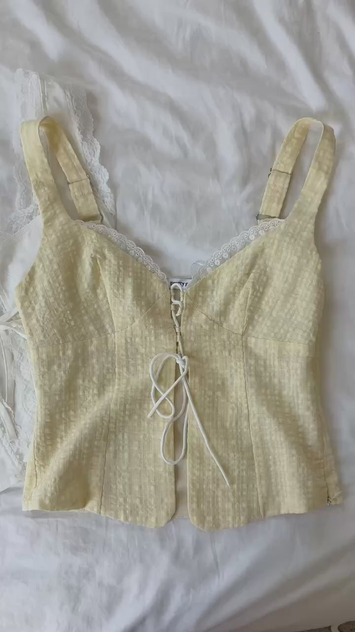 butter yellow plaid corset style sleeveless top with lace trim adjustable straps and side zipper womens fashion for summer streetwear and vacation outfits