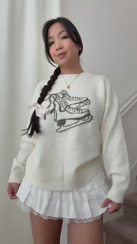 cream knit pullover sweater ice skate design long sleeve wool cozy winter layering top bow cute girly