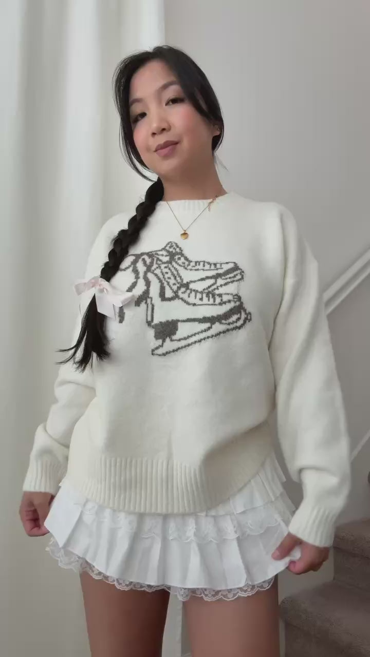 cream knit pullover sweater ice skate design long sleeve wool cozy winter layering top bow cute girly