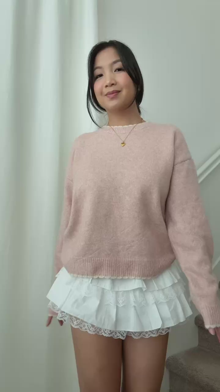 pink knit sweater long sleeve ribbed stretchy fit casual layering top fall winter style