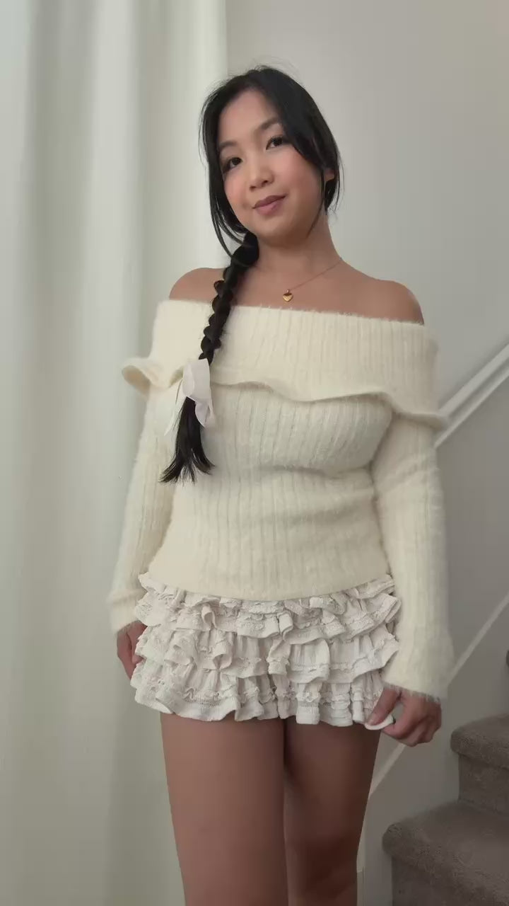 cream off shoulder knit sweater fuzzy ribbed fabric long sleeves fitted feminine cozy casual layering top fall winter