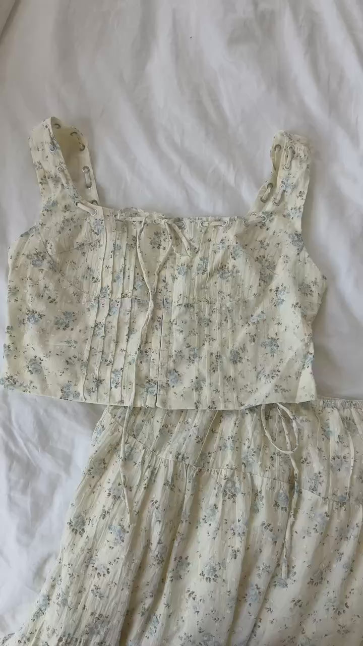blue floral swiss dot two piece set with corset top hook eye closure and tiered maxi skirt womens fashion for summer outfits vacation wear and garden parties