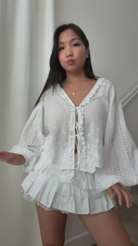 white eyelet embroidered blouse long sleeve v neck top lightweight feminine clothing for spring fall casual outfits