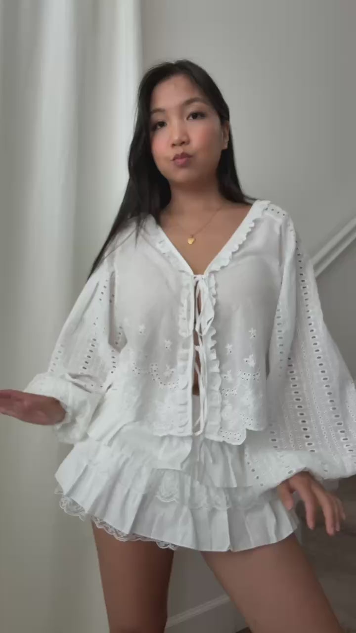 white eyelet embroidered blouse long sleeve v neck top lightweight feminine clothing for spring fall casual outfits