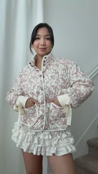 pink floral quilted jacket feminine outerwear chic streetwear fashion casual winter style