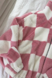 white pink soft fuzzy fluffly checkered  zipper jacket collar functional pockets cuff hems