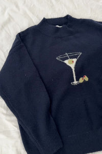 dark blue knit sweater pullover oversized long sleeves round neck knitwear martini glass olives