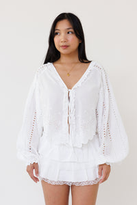 white eyelet embroidered blouse long sleeve v neck top lightweight feminine clothing for spring fall casual outfits