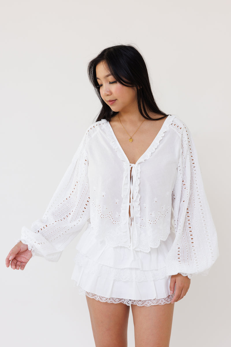 white eyelet embroidered blouse long sleeve v neck top lightweight feminine clothing for spring fall casual outfits