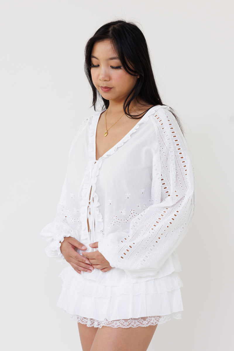 white eyelet embroidered blouse long sleeve v neck top lightweight feminine clothing for spring fall casual outfits
