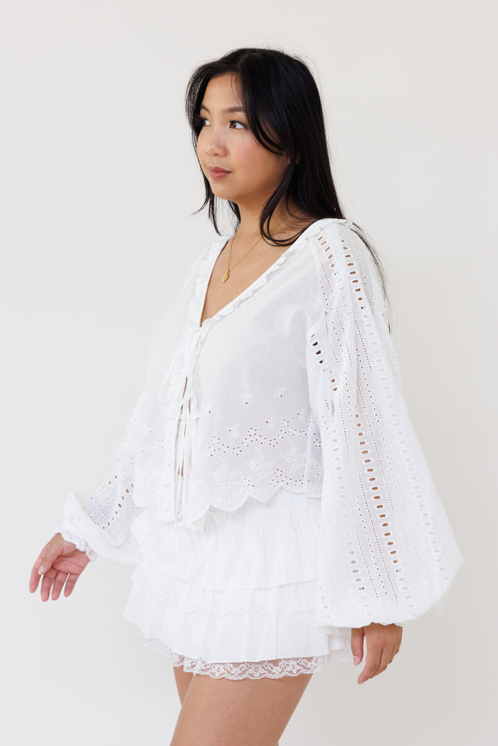 white eyelet embroidered blouse long sleeve v neck top lightweight feminine clothing for spring fall casual outfits