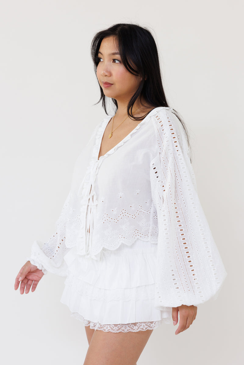 white eyelet embroidered blouse long sleeve v neck top lightweight feminine clothing for spring fall casual outfits