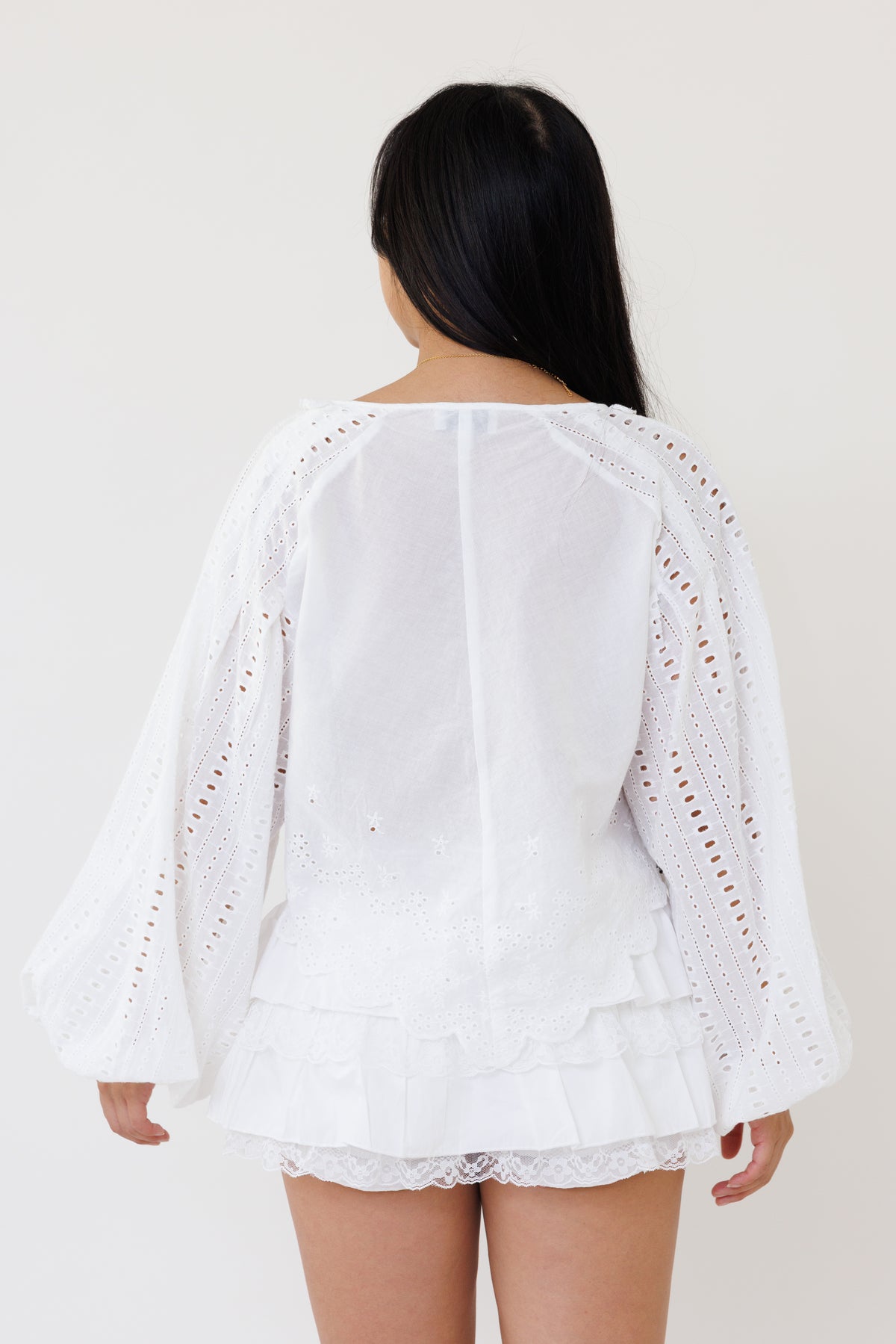 white eyelet embroidered blouse long sleeve v neck top lightweight feminine clothing for spring fall casual outfits