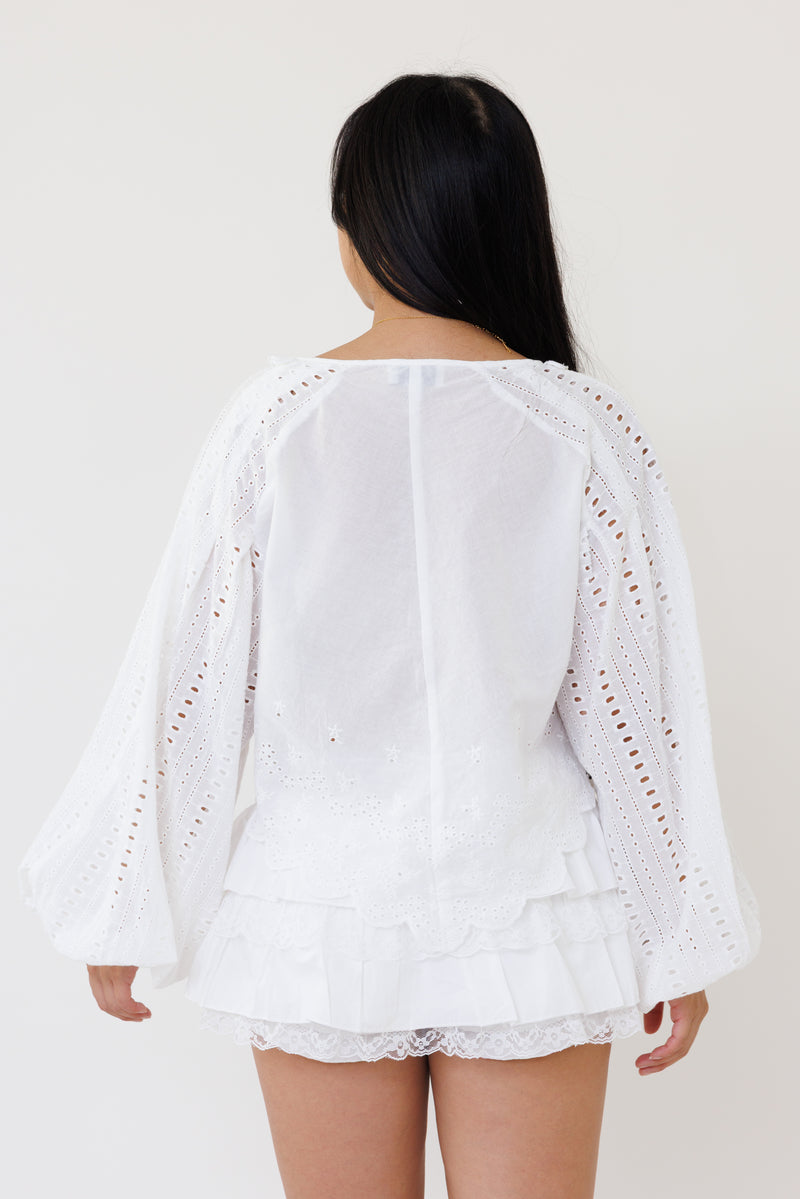 white eyelet embroidered blouse long sleeve v neck top lightweight feminine clothing for spring fall casual outfits