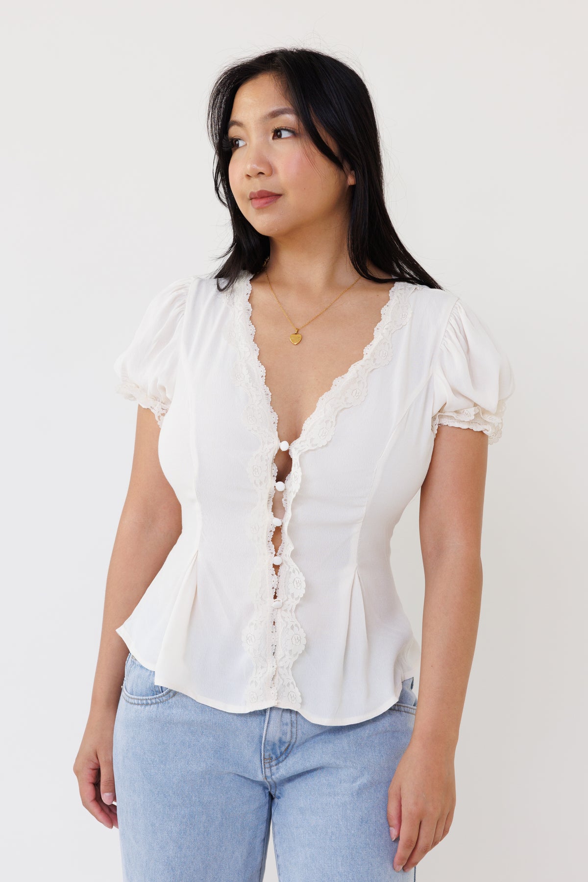 cream blouse cropped v neck puff sleeve button down lace trim top casual everyday girly fashion