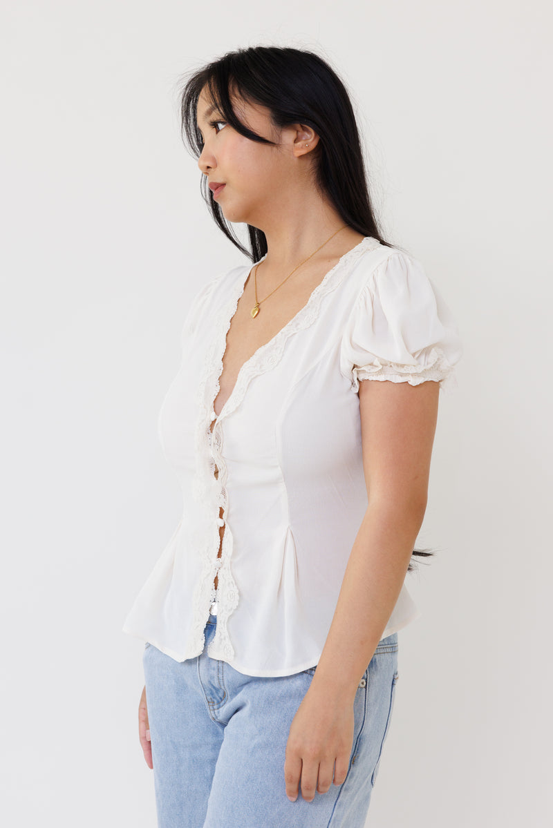 cream blouse cropped v neck puff sleeve button down lace trim top casual everyday girly fashion