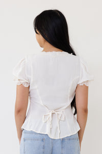 cream blouse cropped v neck puff sleeve button down lace trim top casual everyday girly fashion