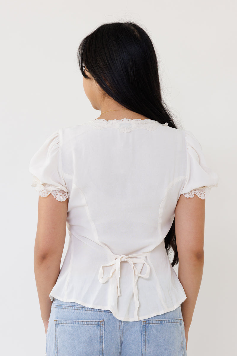 cream blouse cropped v neck puff sleeve button down lace trim top casual everyday girly fashion