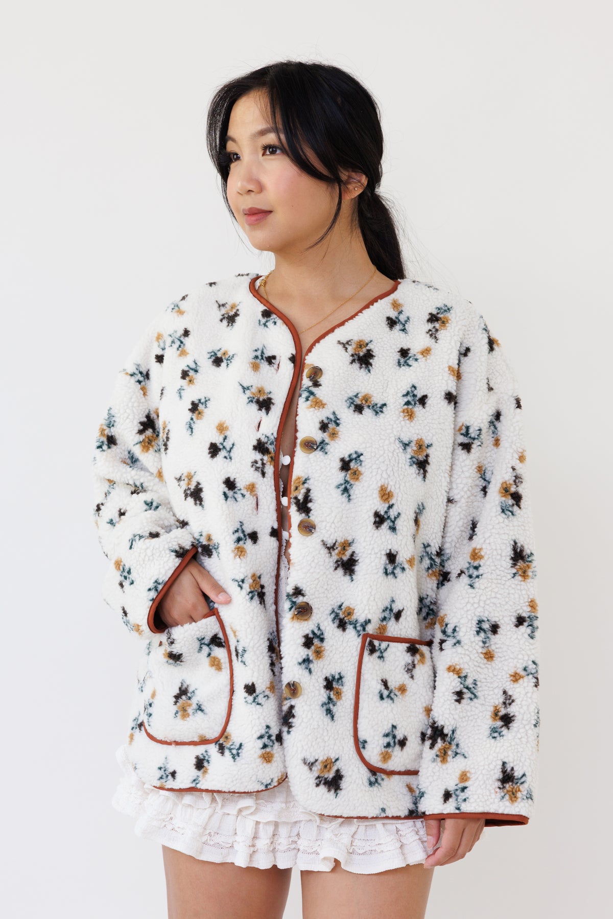 cream floral sherpa jacket long sleeve button down casual layering winter outerwear cozy girly fall