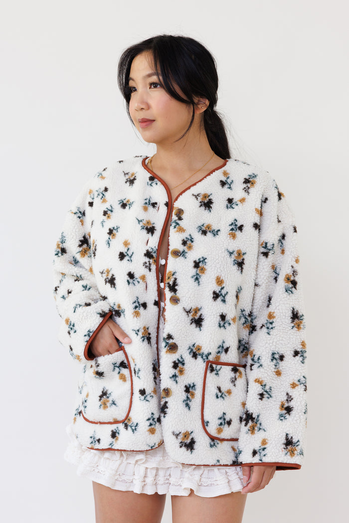 cream floral sherpa jacket long sleeve button down casual layering winter outerwear cozy girly fall