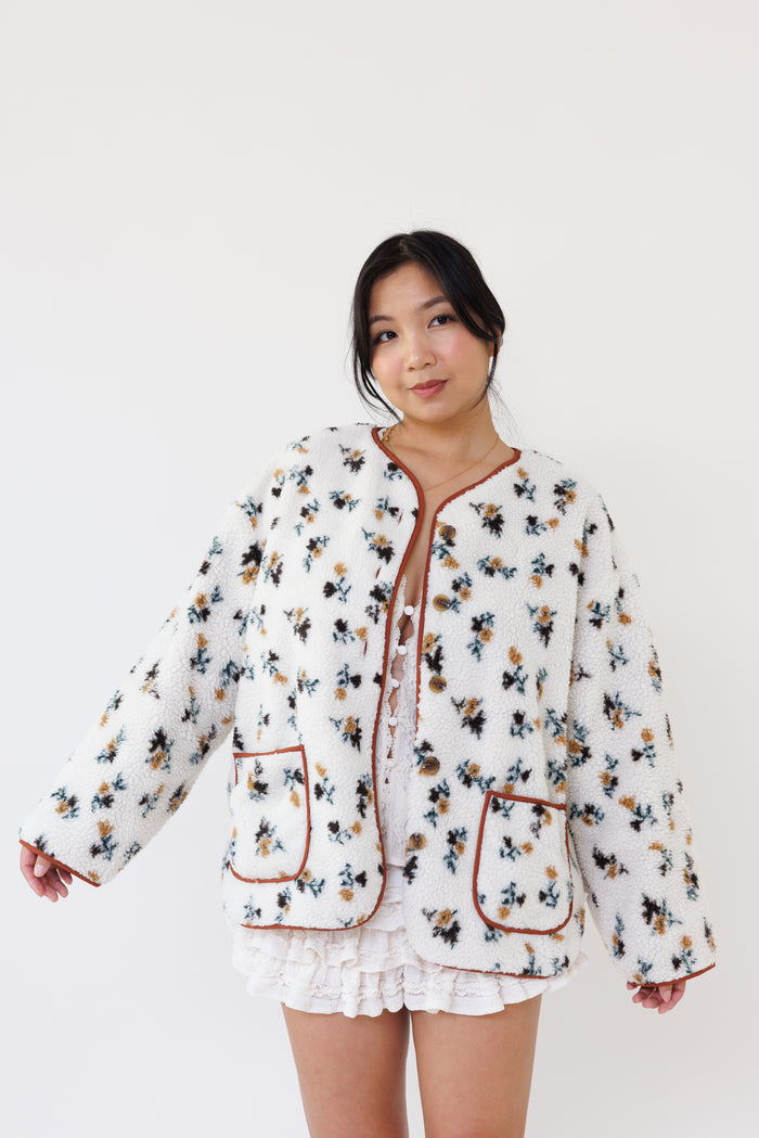 cream floral sherpa jacket long sleeve button down casual layering winter outerwear cozy girly fall