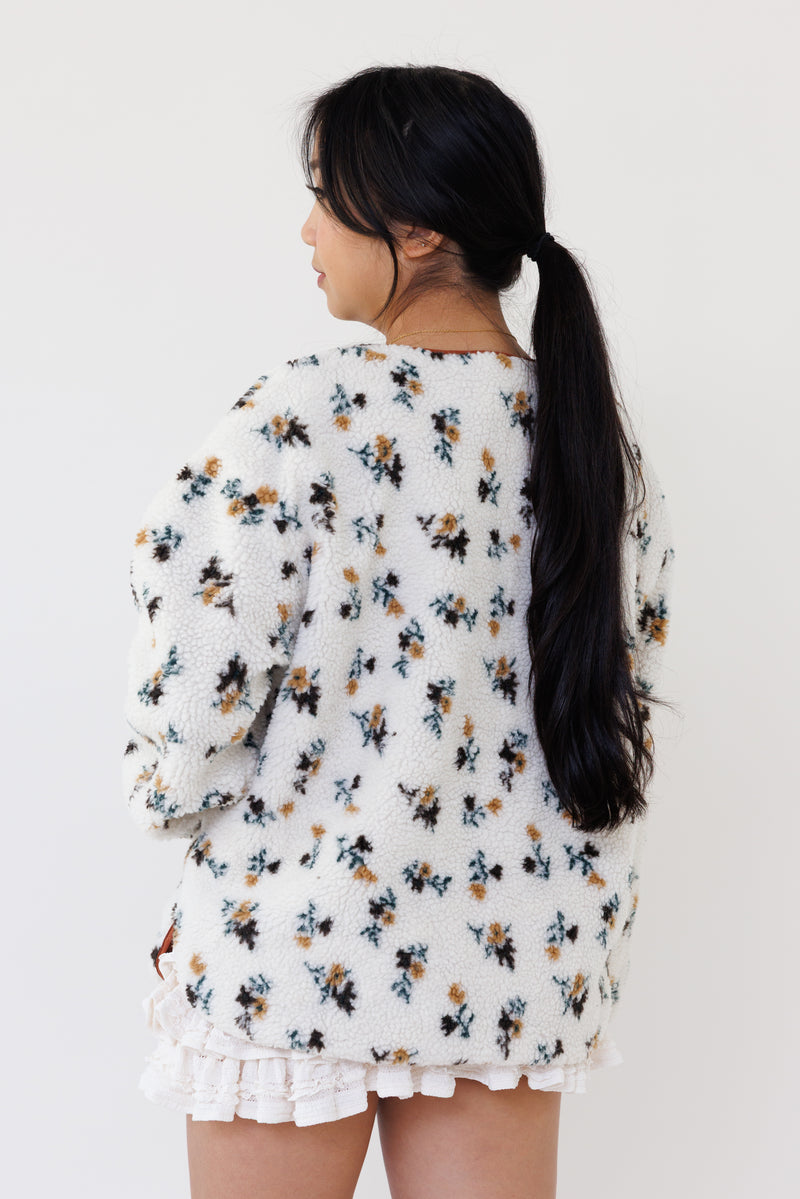 cream floral sherpa jacket long sleeve button down casual layering winter outerwear cozy girly fall