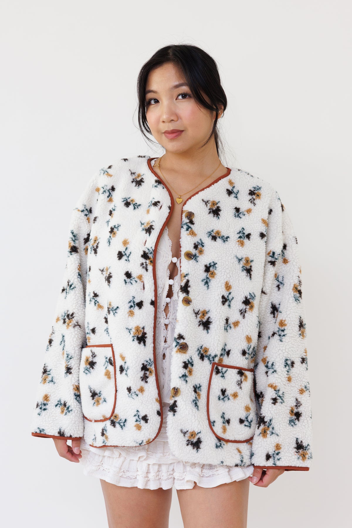 cream floral sherpa jacket long sleeve button down casual layering winter outerwear cozy girly fall