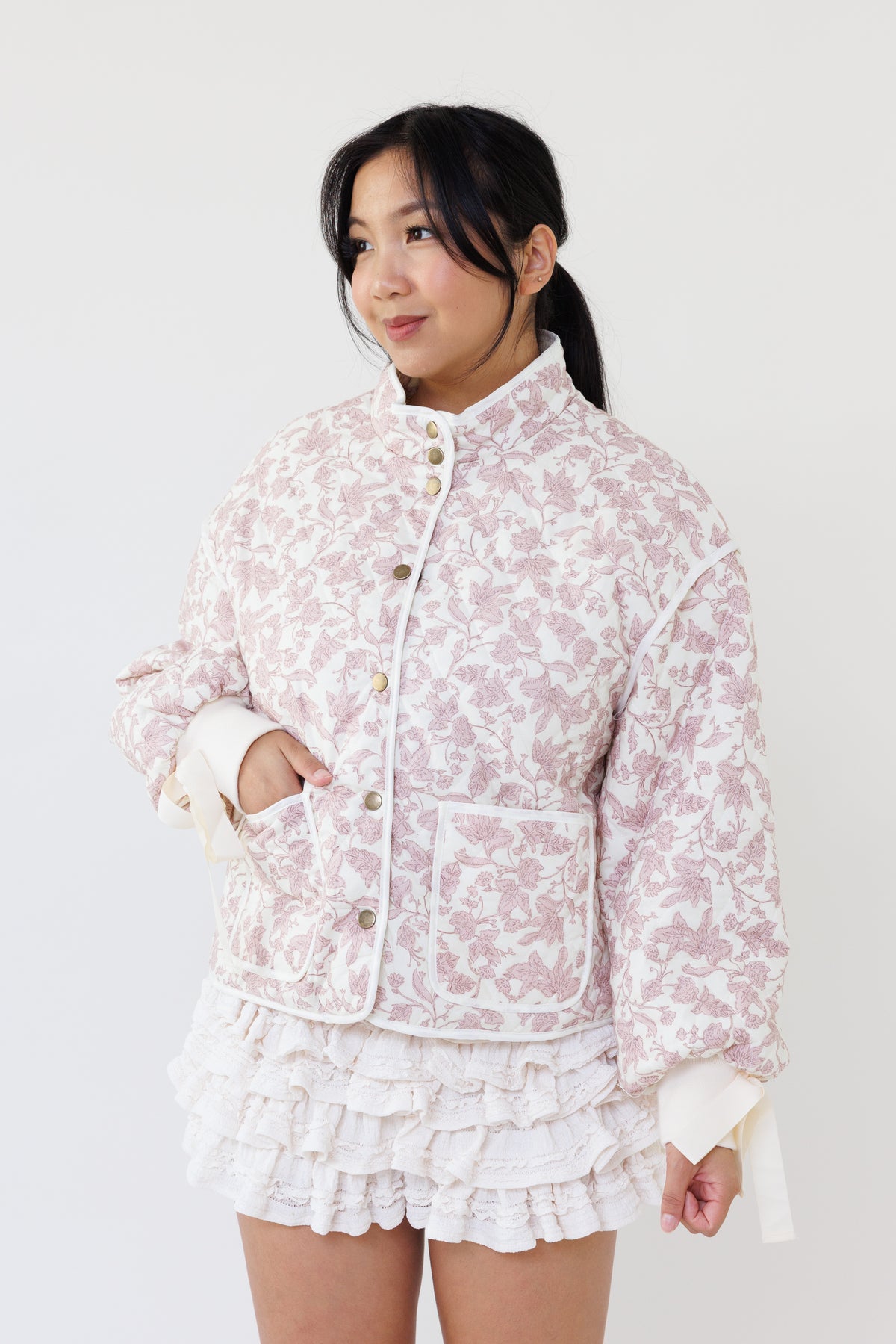 pink floral quilted jacket feminine outerwear chic streetwear fashion casual winter style